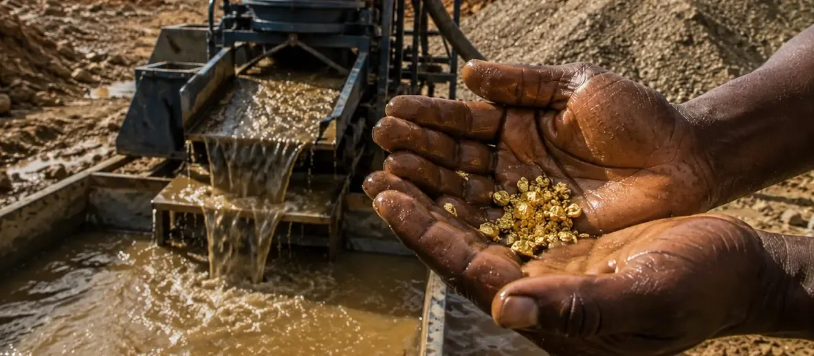 miner with gold nuggets and flakes in his hands